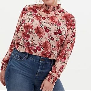 LIGHT PINK FLORAL SHEER CHIFFON SMOCKED MOCK NECK BLOUSE